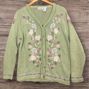 Vintage Style Floral Embroidered Cottagecore Cardigan Green Fairy Sweater M